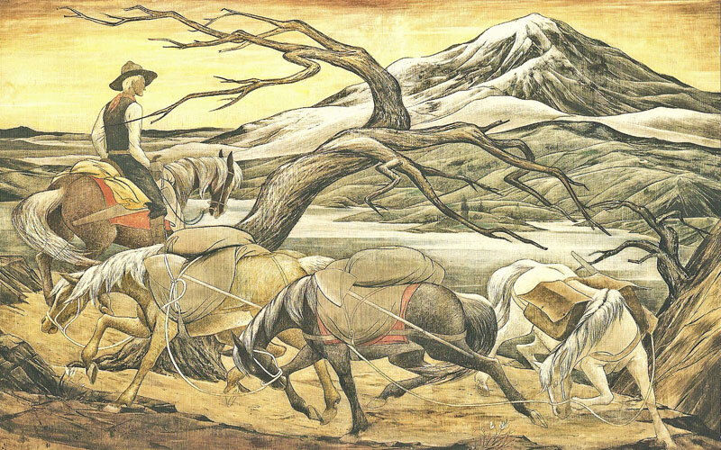 Painting of mountain landscape with four horse and a lone cowboy by Tom Kinney
