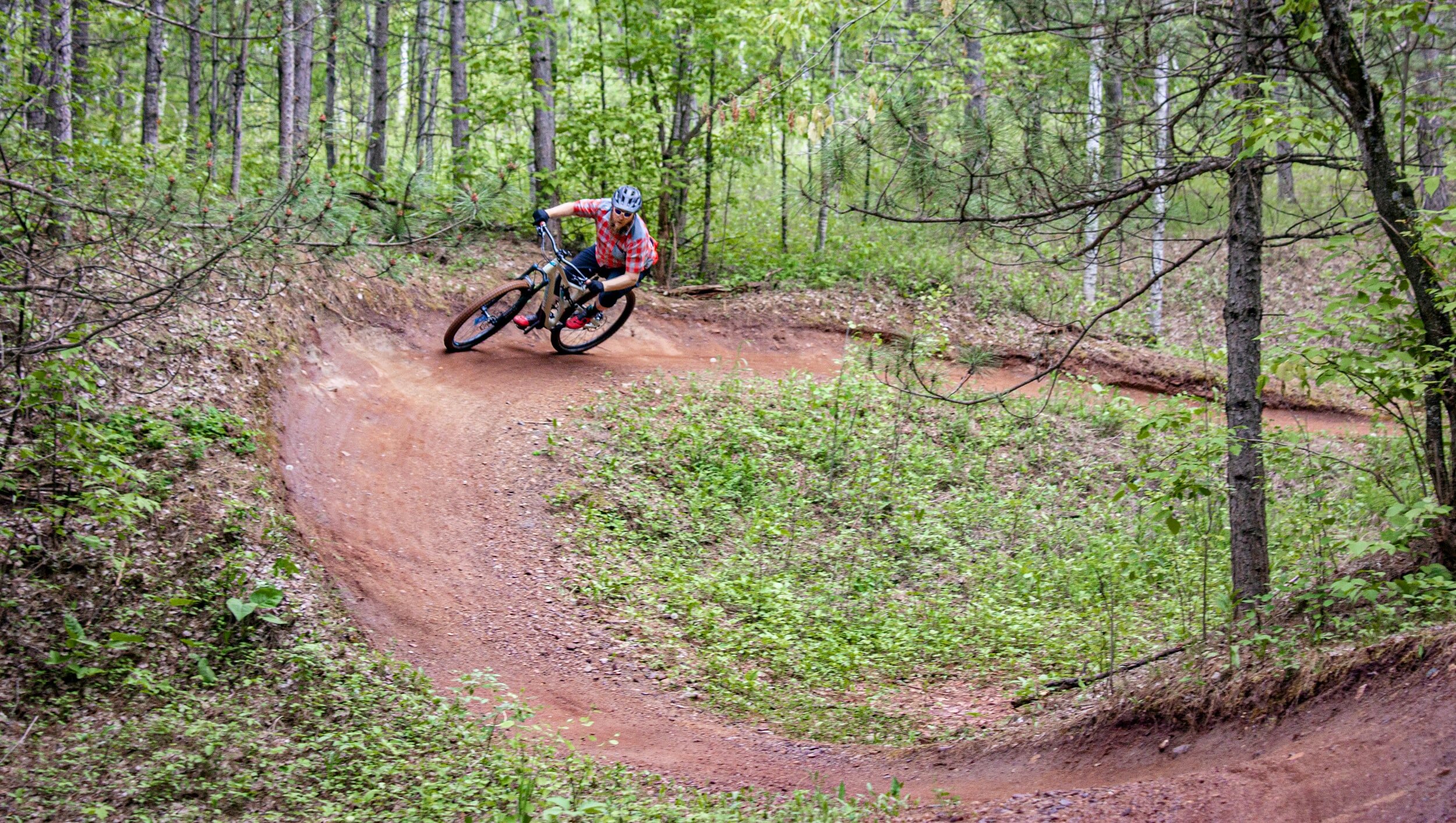 Mountain biker on a banked forested biking trail