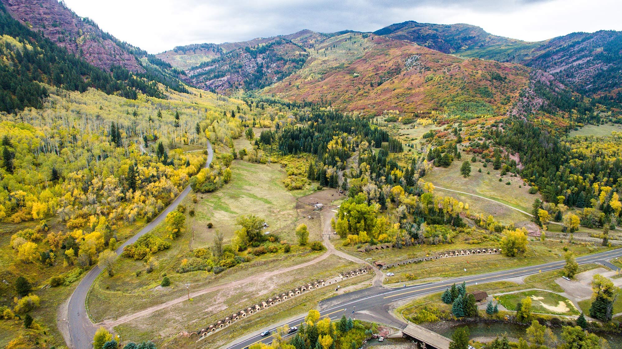 Aerial view of Redstone looking towards Coal Creek Basin. Historical beehive coke ovens are visiable along side Colorado Highway 133