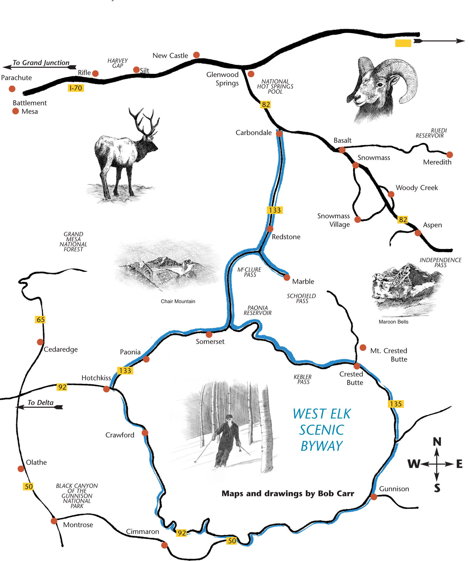 West Elk Loop Scenic Byway map with inset drawing of scenery and wildlife drawn by Bob Carr.